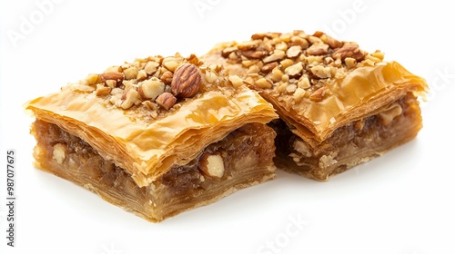 Delicious Baklava with Caramelized Topping and Nuts - Close-Up Shot.