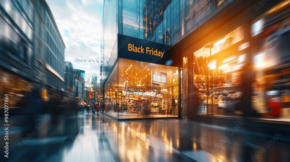 Shoppers entering a brightly lit store with a Shoppers entering a brightly lit store with a