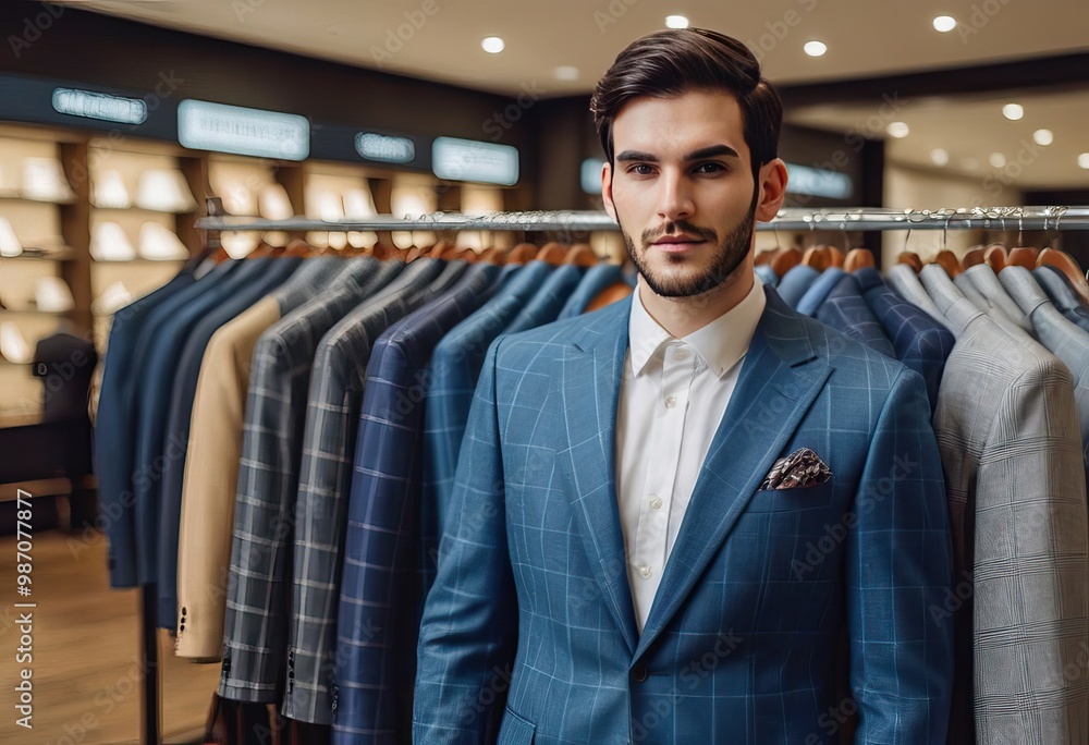 A man dressed in a blue suit jacket and matching tie stands in a clothing store A man dressed in a blue suit jacket and matching tie stands in a clothing store