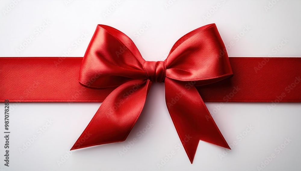 Close-up of a Shiny Red Satin Ribbon Tied in a Neat Bow on a Horizontal Red Band Against a Clean White Background. Perfect for Christmas New Year Holiday Gift Wrapping Celebrations Special Occasions Close-up of a Shiny Red Satin Ribbon Tied in a Neat Bow on a Horizontal Red Band Against a Clean White Background. Perfect for Christmas New Year Holiday Gift Wrapping Celebrations Special Occasions