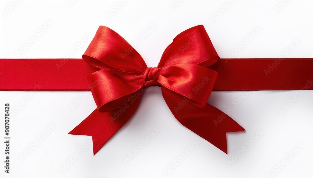Close-up of a Shiny Red Satin Ribbon Tied in a Neat Bow on a Horizontal Red Band Against a Clean White Background. Perfect for Christmas New Year Holiday Gift Wrapping Celebrations Special Occasions Close-up of a Shiny Red Satin Ribbon Tied in a Neat Bow on a Horizontal Red Band Against a Clean White Background. Perfect for Christmas New Year Holiday Gift Wrapping Celebrations Special Occasions
