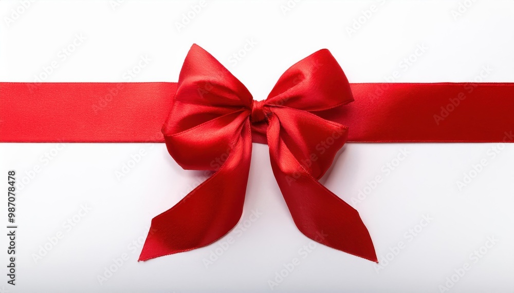 Close-up of a Shiny Red Satin Ribbon Tied in a Neat Bow on a Horizontal Red Band Against a Clean White Background. Perfect for Christmas New Year Holiday Gift Wrapping Celebrations Special Occasions Close-up of a Shiny Red Satin Ribbon Tied in a Neat Bow on a Horizontal Red Band Against a Clean White Background. Perfect for Christmas New Year Holiday Gift Wrapping Celebrations Special Occasions
