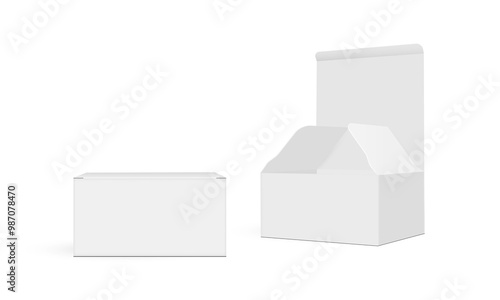 Small Packaging Box Mockup, Opened And Closed, Isolated On White Background, Front And Side View. Vector Illustration