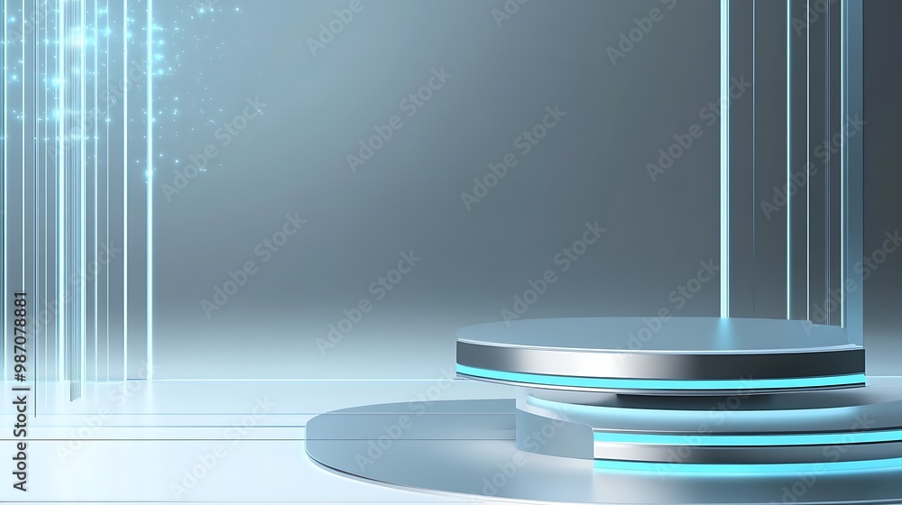 Futuristic podium with glowing lines and blue light on a grey background.