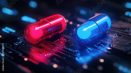 Red and blue pills on a circuit board, glowing with digital code. photo