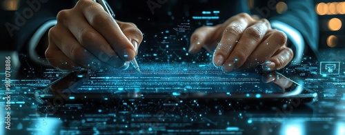 A close-up view of hands writing on a digital tablet, surrounded by holographic data visualizations and technology elements. photo