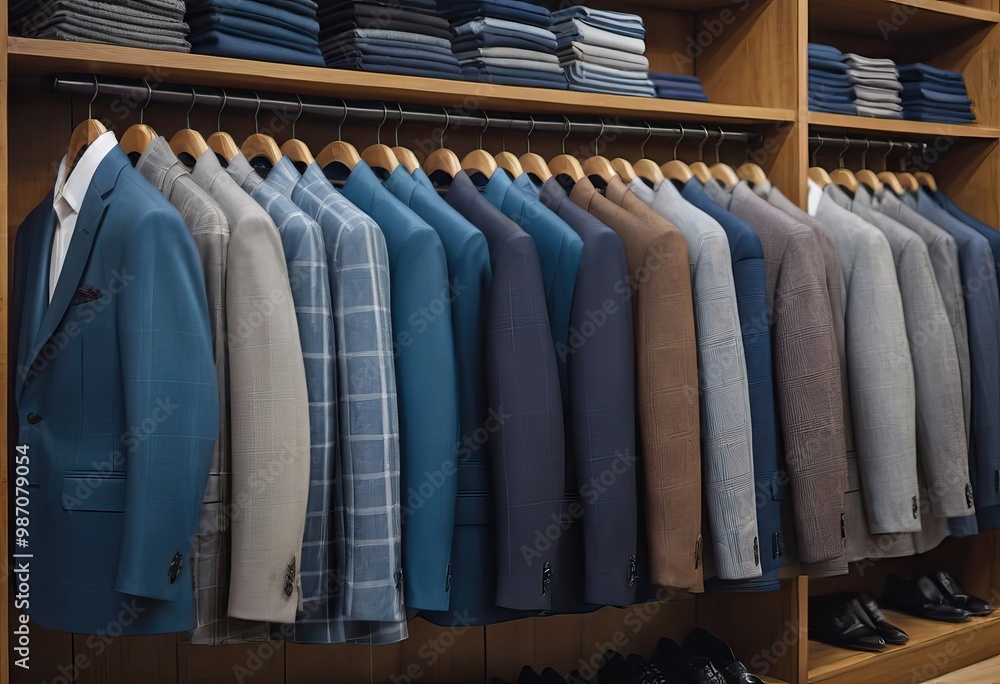 In a clothing store, a mannequin is displayed wearing a blue suit and tie In a clothing store, a mannequin is displayed wearing a blue suit and tie