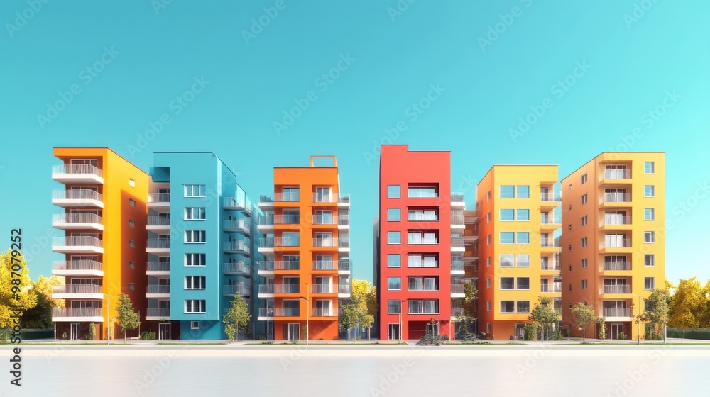 Fototapeta premium Colorful modern apartment buildings under a clear blue sky, showcasing contemporary architecture and urban living.