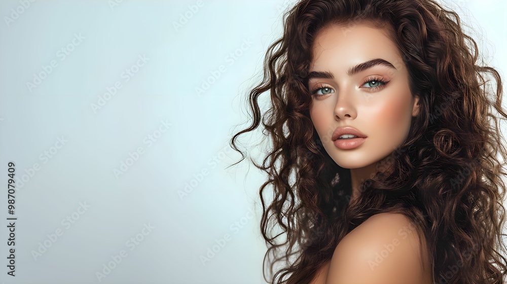 Obraz premium europejska kobieta, długie faliste czarne włosy, zbliżenie, piękna, uśmiechnięta, wyrazisty makijaż, białe tło, modelka, artystyczny makijaż, patrząca w kamerę, śmiech, portret, radosna, stylow