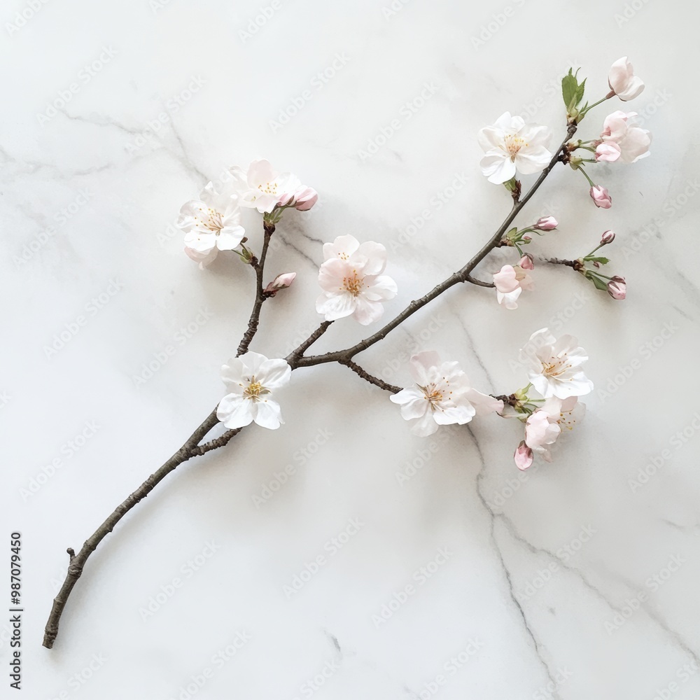 A delicate cherry blossom branch with soft pink flowers, resting on a clean white surface A delicate cherry blossom branch with soft pink flowers, resting on a clean white surface