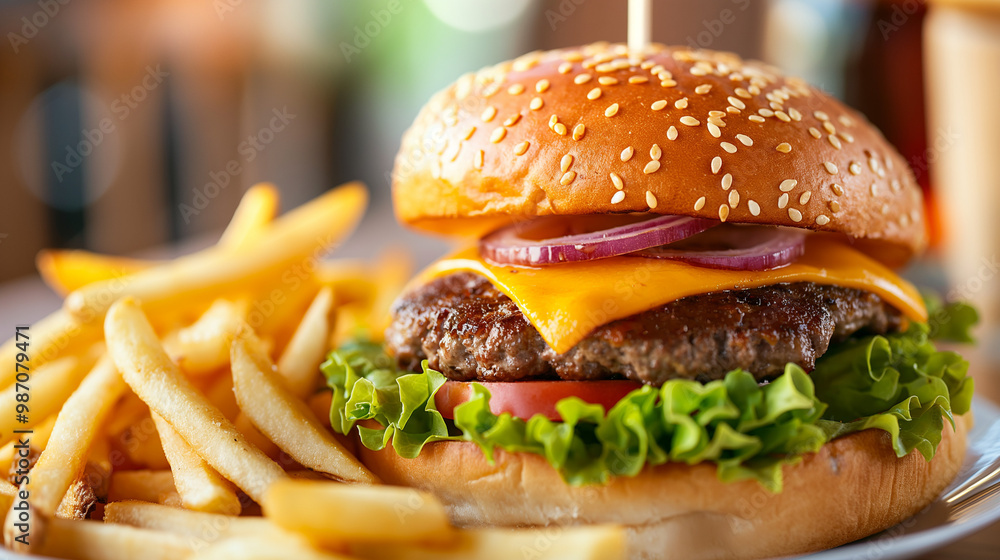 Classic American burger with cheese, lettuce, tomato, and fries, Retro diner setting, Detailed textures of the burger and fries, Iconic American dining experience Classic American burger with cheese, lettuce, tomato, and fries, Retro diner setting, Detailed textures of the burger and fries, Iconic American dining experience