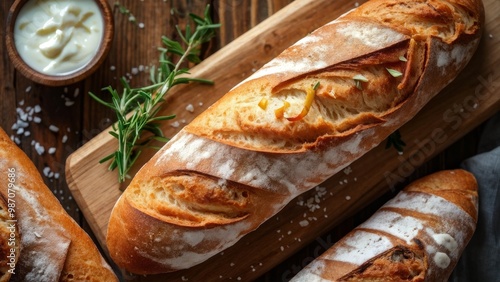 Baguettes on a wooden dining table. Ruddy crusty bread.