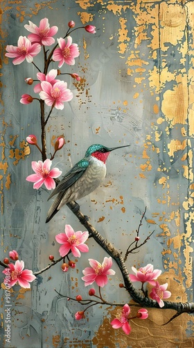 birds on a branch painting in chinoiseries style	
