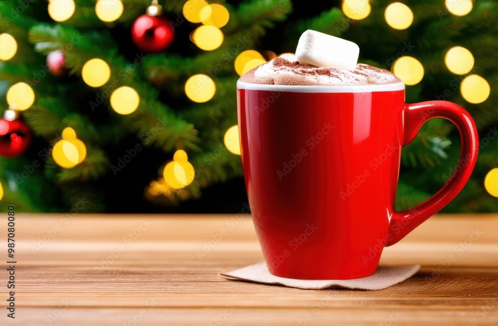Hot chocolate drink with marshmallows in red mug with milk foam and cocoa. Christmas tree, lights in the background. Cozy seasonal holidays. Hot chocolate drink with marshmallows in red mug with milk foam and cocoa. Christmas tree, lights in the background. Cozy seasonal holidays.