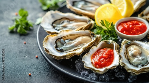 A plate of fresh oysters on the half shell, served with lemon wedges, cocktail sauce, and a dash of Tabasco