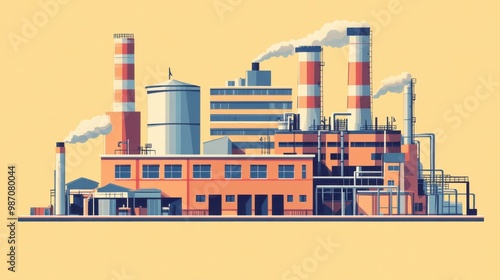 Illustration of a modern industrial complex with smokestacks and storage tanks against a yellow background.