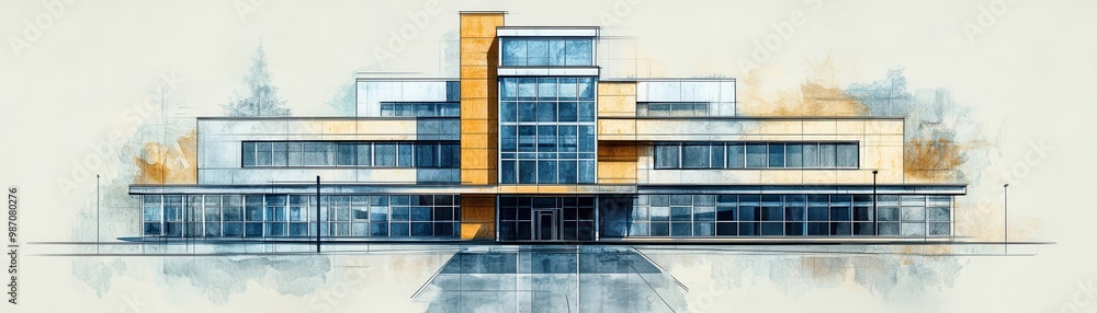 Modern architectural design featuring a contemporary building with large windows and striking color accents. Modern architectural design featuring a contemporary building with large windows and striking color accents.