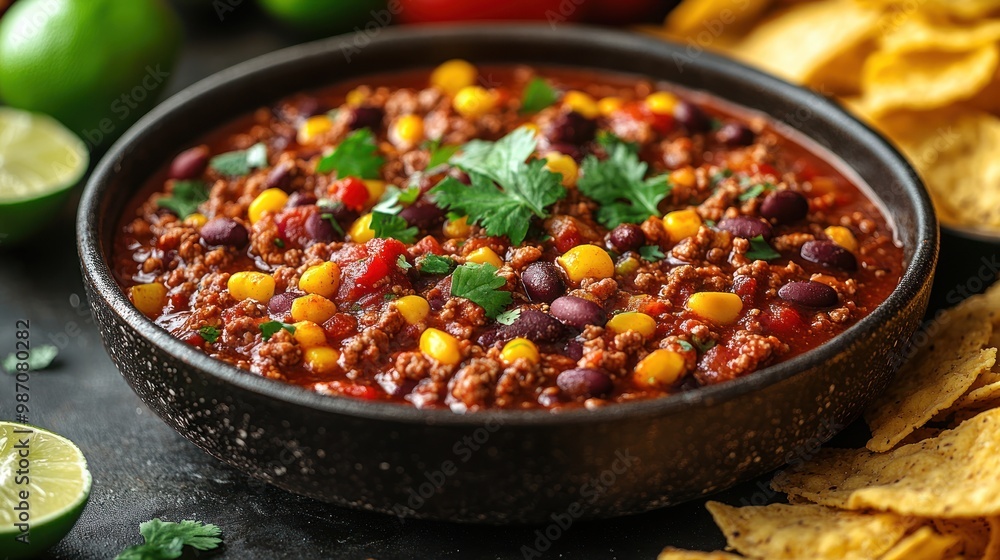 Chili con carne with corn and black beans garnished with cilantro Chili con carne with corn and black beans garnished with cilantro