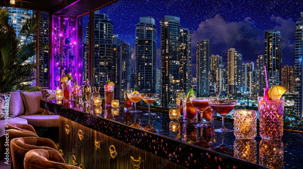 Fototapeta premium Vibrant rooftop bar with a variety of cocktails and city skyline at night, featuring colorful lighting and luxury decor