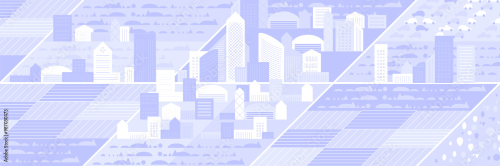 Fototapeta premium Cityscape panorama. Megapolis city view. Smart city. Urban landscape with many building. Collection of houses, skyscrapers, buildings, supermarkets with streets and traffic. Vector illustration