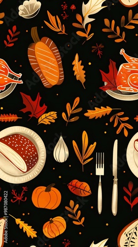seamless pattern with vegetables thanksgiving theme. black background