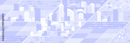 Cityscape panorama. Megapolis city view. Smart city. Urban landscape with many building. Collection of houses, skyscrapers, buildings, supermarkets with streets and traffic. Vector illustration