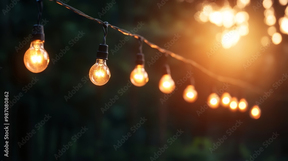 String of warm lights glowing softly against an evening sky. A serene and peaceful holiday setting. String of warm lights glowing softly against an evening sky. A serene and peaceful holiday setting.