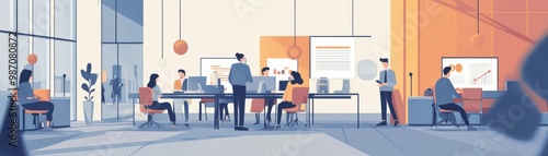 Modern office workspace with employees collaborating and working at desks, featuring bright colors and a dynamic atmosphere.