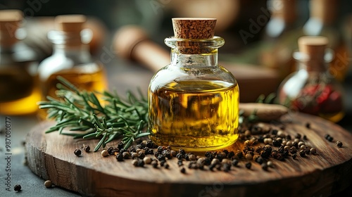 Olive Oil Bottle with Rosemary and Black Peppercorns on a Wooden Cutting Board