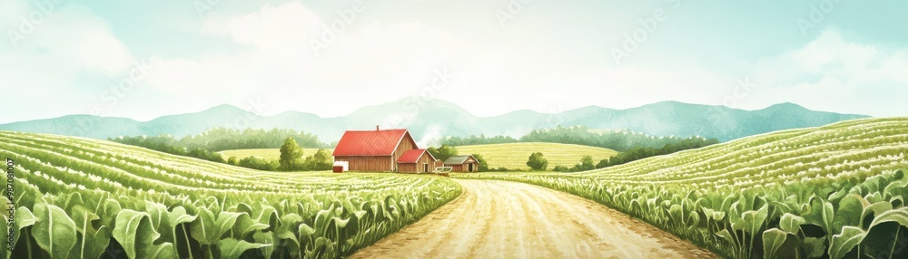 Scenic rural landscape featuring lush fields, rolling hills, and a charming farmhouse under a clear sky. Scenic rural landscape featuring lush fields, rolling hills, and a charming farmhouse under a clear sky.