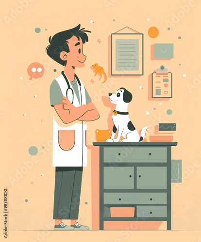 a vet with a dog. cute flat illustration