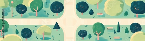 Stylized illustration of a park featuring pathways, trees, and benches, ideal for nature-themed projects and designs.