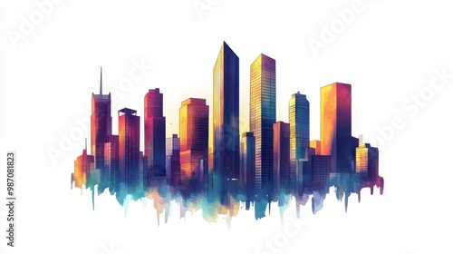 Vibrant city skyline illustration showcasing towering skyscrapers in a stunning blend of colors. Perfect for modern design.