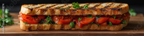 A sandwich with tomatoes and parsley on a wooden table. Wide format image, website header.