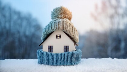 Cozy Winter Home Protection Concept. Miniature House Dressed in Warm Knitted Hat and Scarf, Nestled in Snow, Symbolizing Energy Efficiency and Insulation During the Cold Winter Months