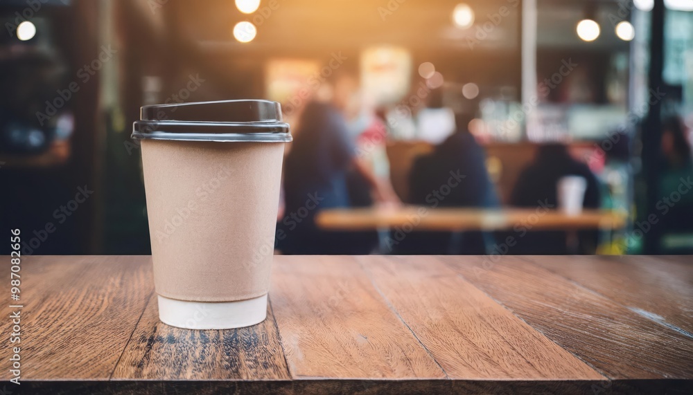 Warm Morning Light in a Cozy Café. Focus on a Takeaway Coffee Cup with a Brown Sleeve and Black Lid on a Wooden Countertop, Blurred Background of Chairs and Tables Creating a Relaxed Ambiance Cafe Warm Morning Light in a Cozy Café. Focus on a Takeaway Coffee Cup with a Brown Sleeve and Black Lid on a Wooden Countertop, Blurred Background of Chairs and Tables Creating a Relaxed Ambiance Cafe