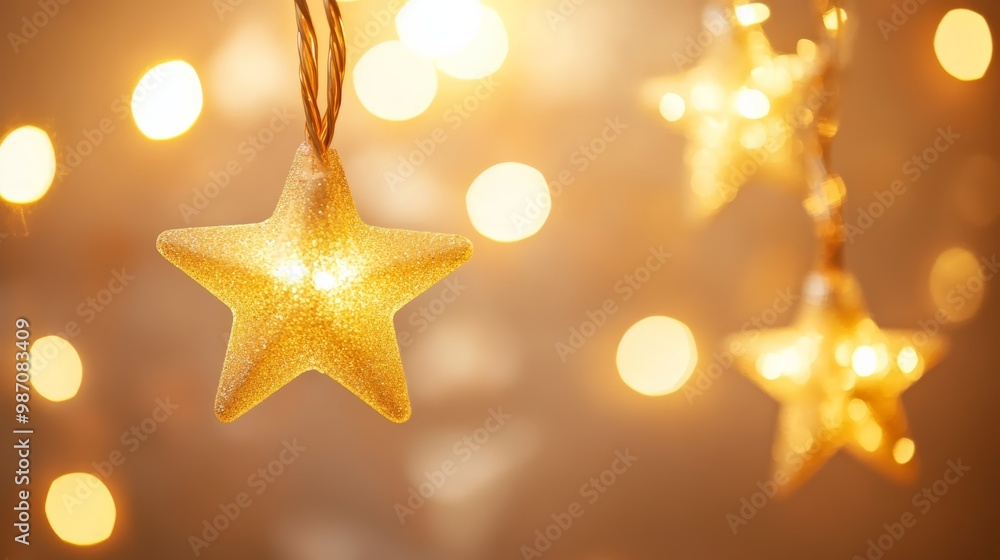 Hanging glowing star lights with golden bokeh creating a festive Christmas atmosphere. Ideal for holiday decorations. Hanging glowing star lights with golden bokeh creating a festive Christmas atmosphere. Ideal for holiday decorations.