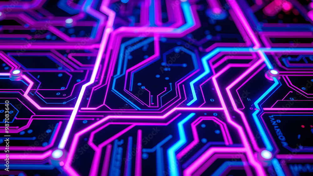 Close up of Futuristic Circuit Board with Neon Blue and Pink Lights Illuminating High Tech Systems for a Sleek Modern Look Close up of Futuristic Circuit Board with Neon Blue and Pink Lights Illuminating High Tech Systems for a Sleek Modern Look