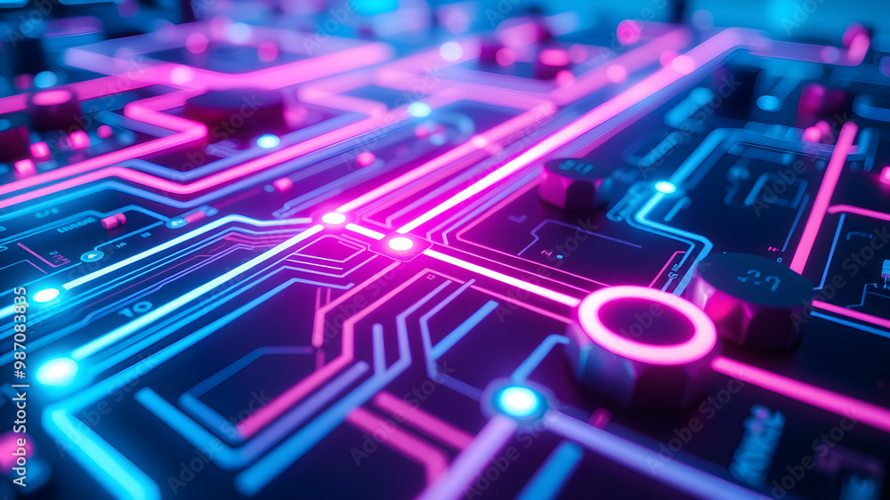Close up of Futuristic Circuit Board with Neon Blue and Pink Lights Illuminating High Tech Systems for a Sleek Modern Look Close up of Futuristic Circuit Board with Neon Blue and Pink Lights Illuminating High Tech Systems for a Sleek Modern Look