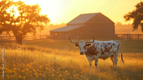 Longhorn Cow in a Field at Sunset with a Barn in the Background