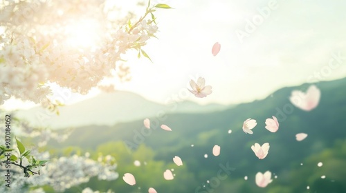 Pastel pink and white cherry blossom petals floating gently in the air,background mountain range