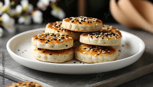 Delicious sesame cakes artfully presented on a pristine white ceramic plate atop a well-set table photo