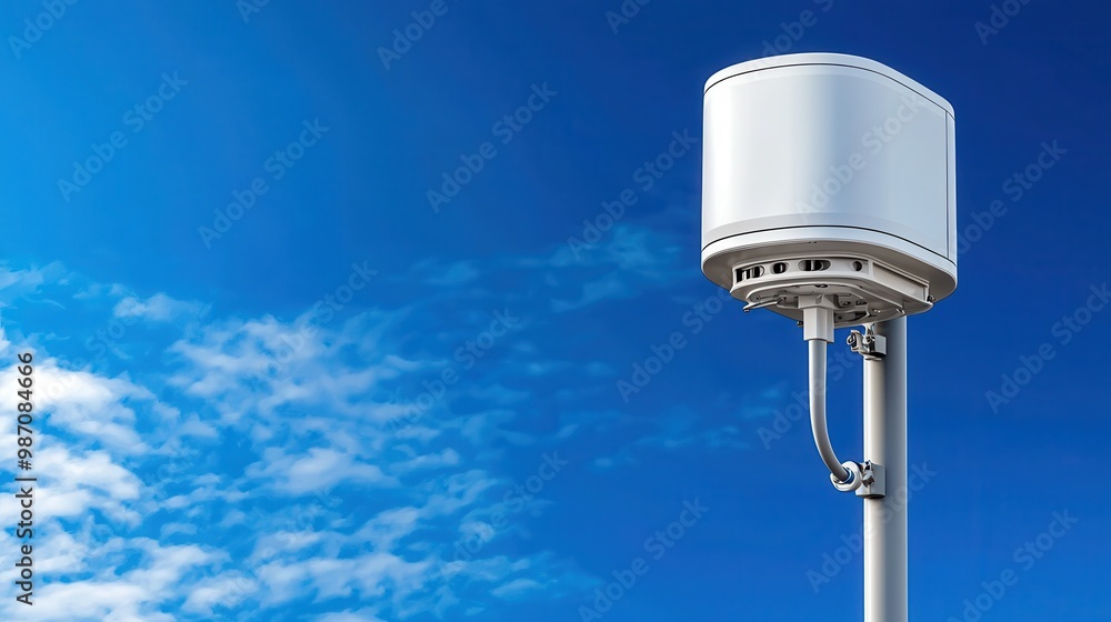 Minimalist Air Quality Sensor Design Against Blue Sky with Copy Space for Text Minimalist Air Quality Sensor Design Against Blue Sky with Copy Space for Text