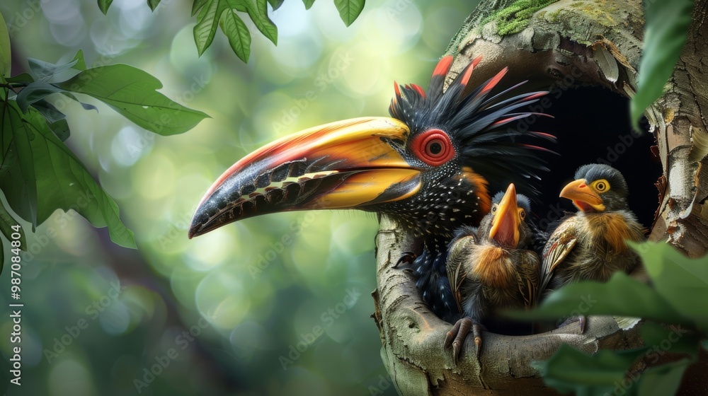 Fototapeta premium Colorful Tropical Toucan Bird Perching on Branch in Lush Green Foliage