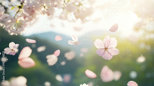 Pastel pink and white cherry blossom petals floating gently in the air,background mountain range