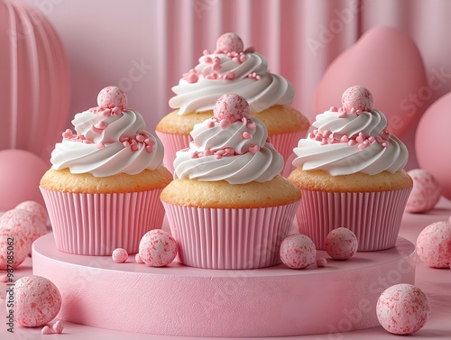 Four delicious cupcakes topped with pink frosting and sprinkles, beautifully arranged against a soft pink background.