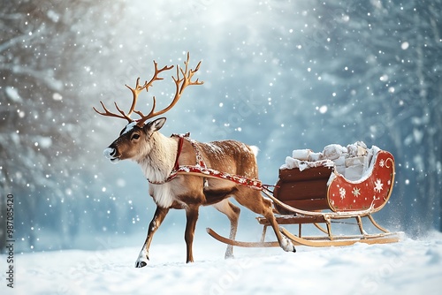 Christmas reindeer pulling sleigh with blank space for holiday messages and festive winter cheer photo