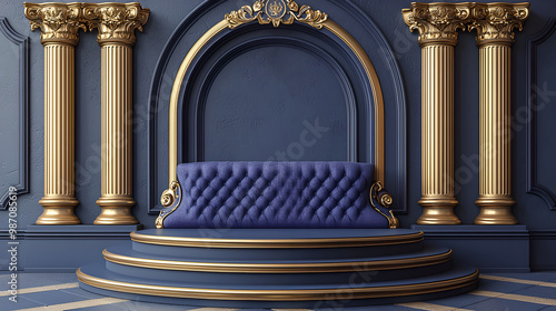 A luxurious interior featuring a blue velvet sofa, ornate golden columns, and a decorative arch, exuding elegance and grandeur.