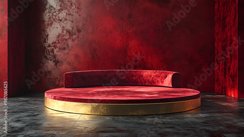 A luxurious red velvet sofa on a circular platform against a textured red wall, creating an elegant and dramatic ambiance.