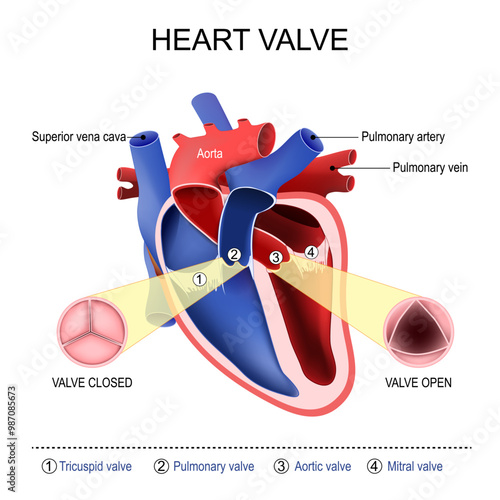Heart valve anatomy. Cross section of human heart